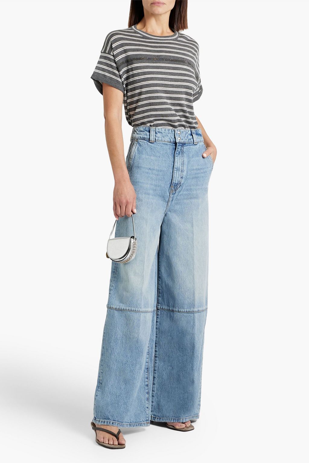 BRUNELLO CUCINELLI Bead-embellished striped wool and cashmere-blend top