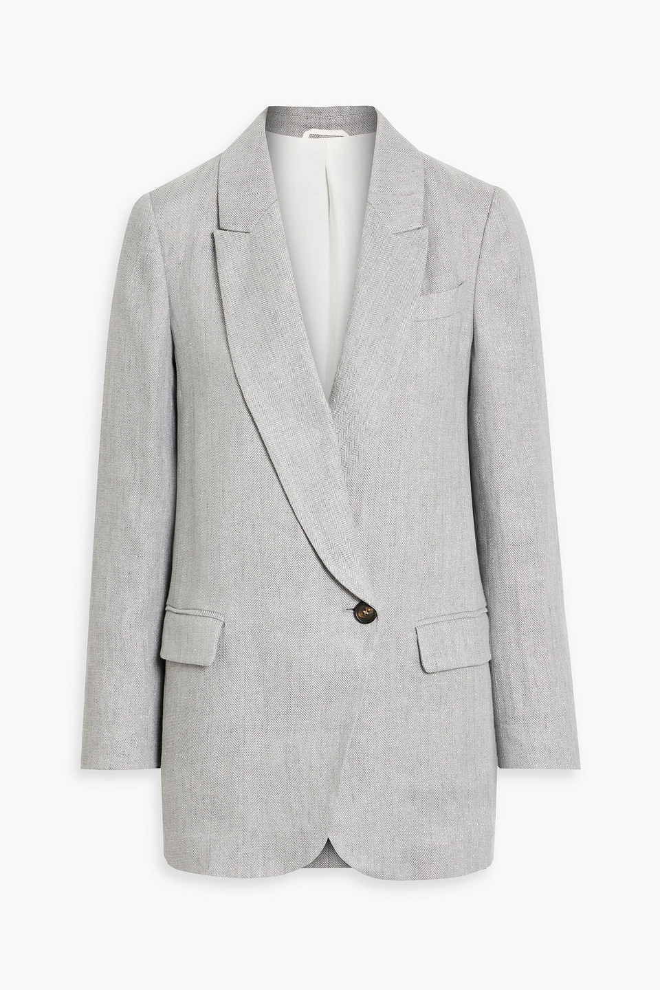 Brunello Cucinelli Metallic Herringbone Linen-blend Blazer In Light Gray