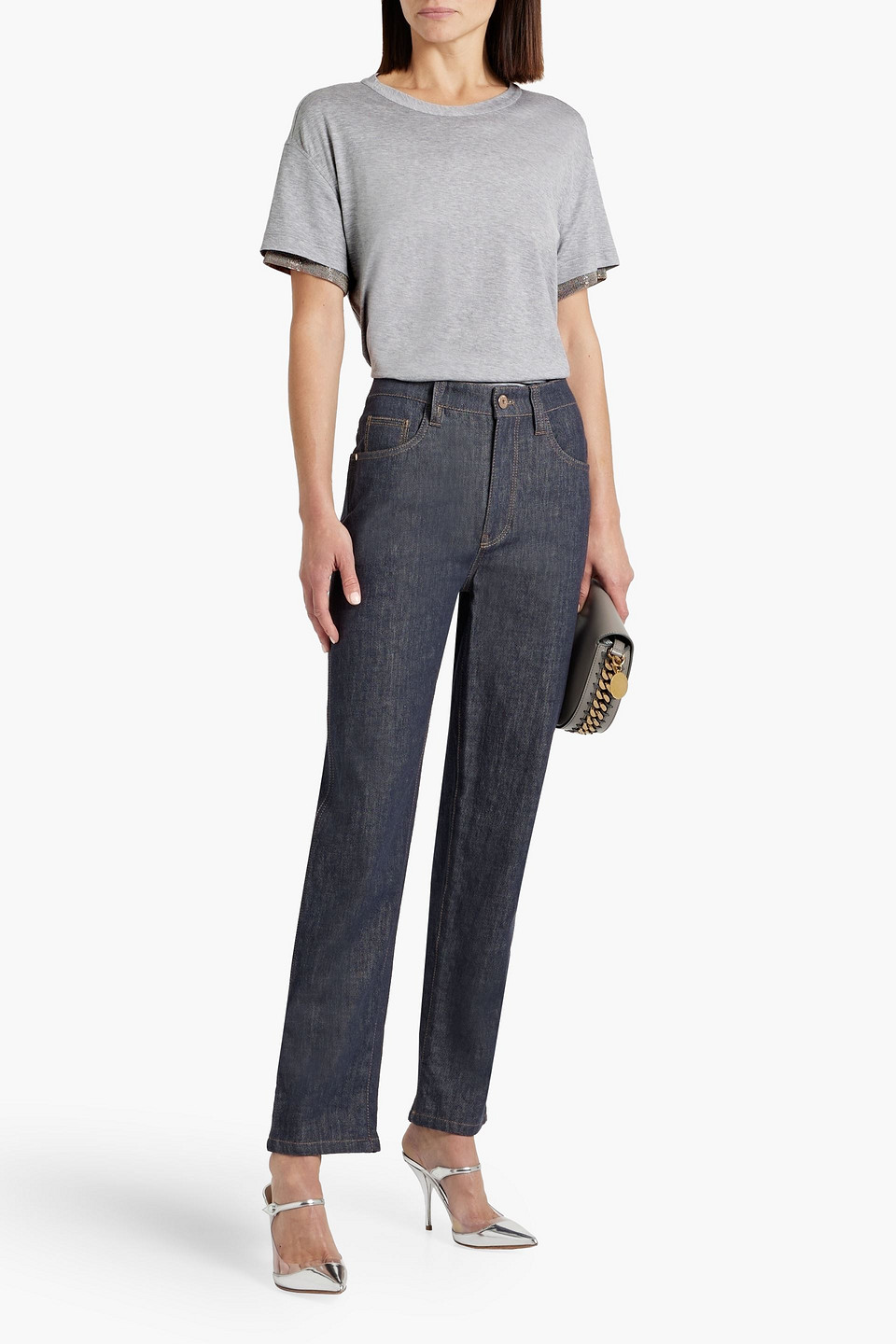 Brunello Cucinelli Bead-embellished Cotton-jersey T-shirt In Gray