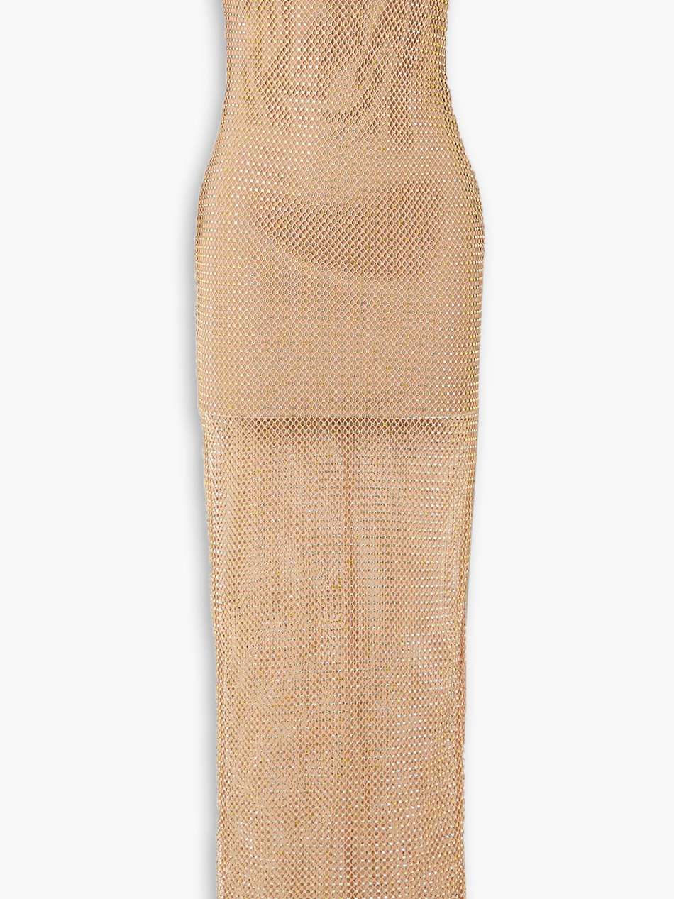 off-the-shoulder embellished macramé gown