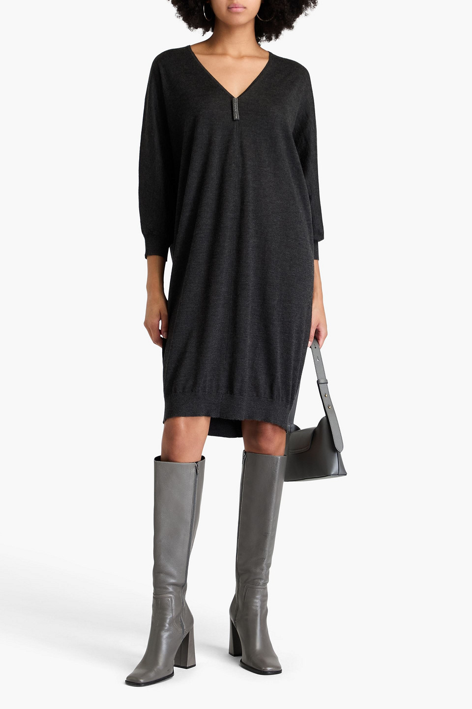 Brunello Cucinelli Bead-embellished Cashmere And Silk-blend Dress In Dark Gray