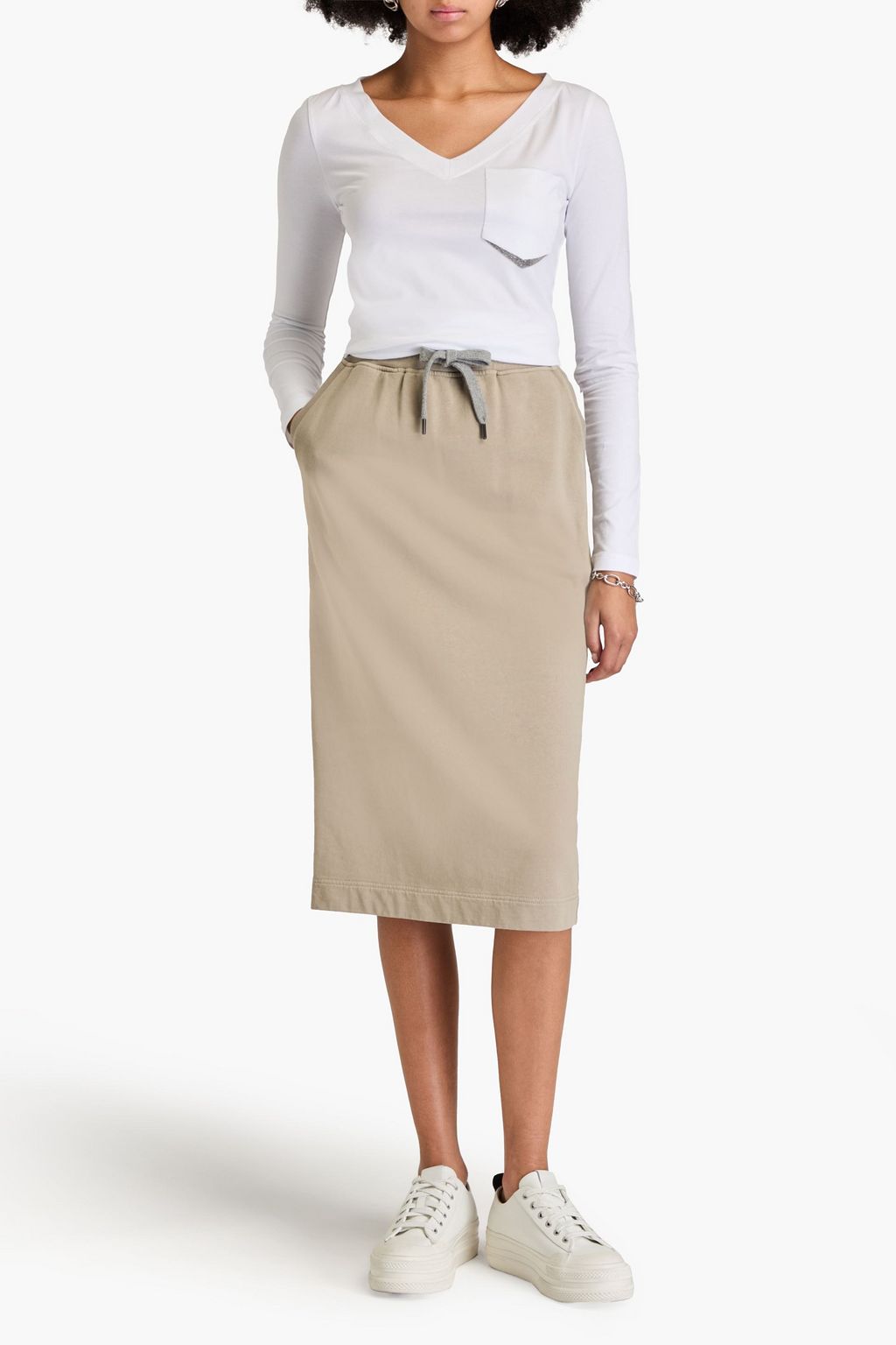 BRUNELLO CUCINELLI 비즈 장식 스트레치 코튼 저지 탑