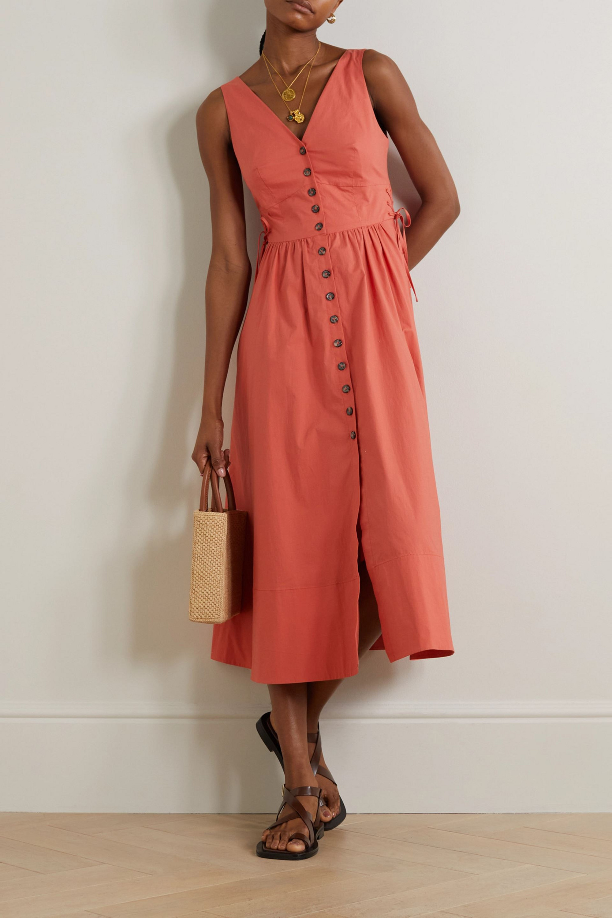 Saloni Luella bow-detailed cotton-blend poplin midi dress