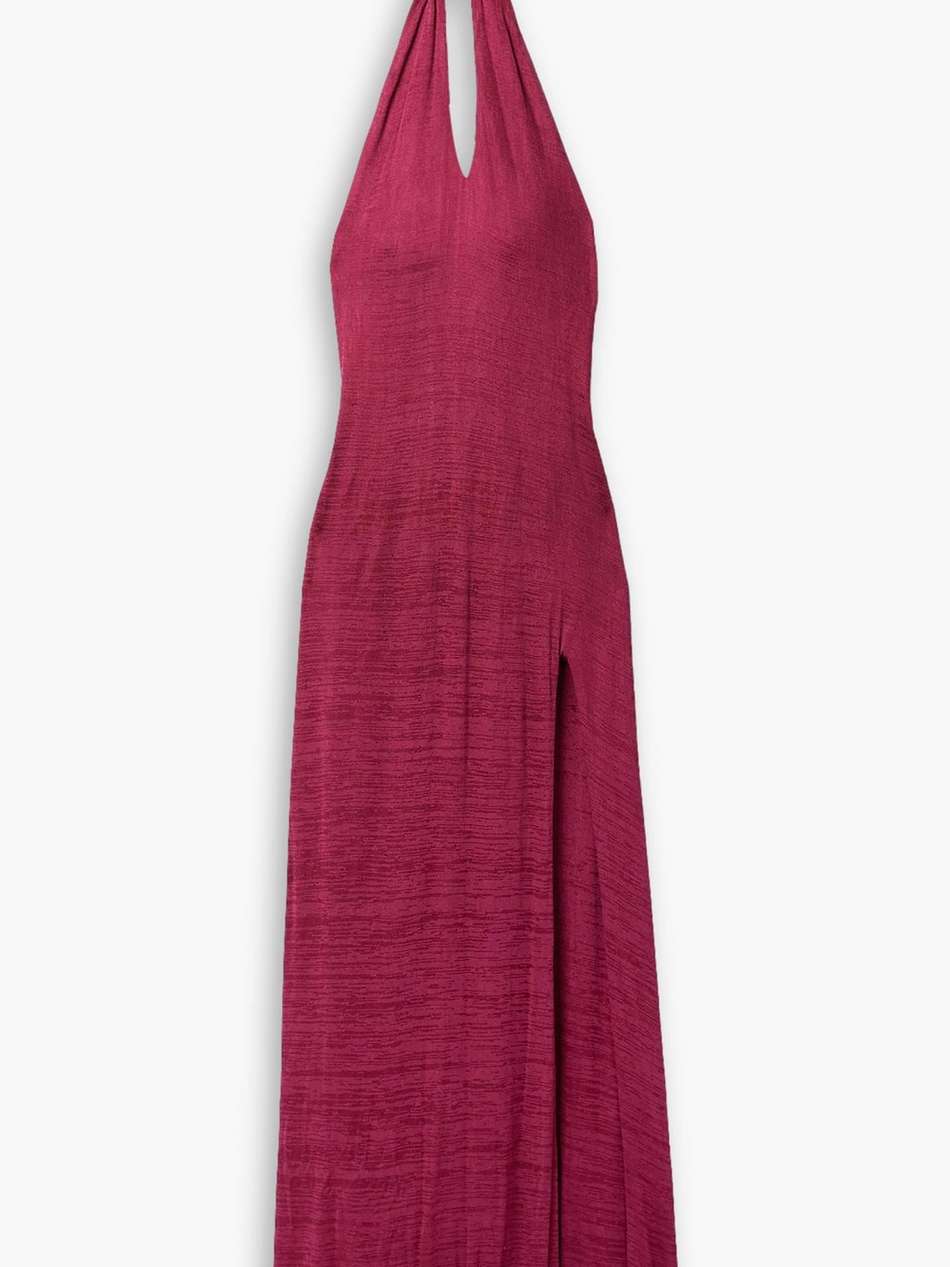 oia bead-embellished ribbed jersey halterneck maxi dress