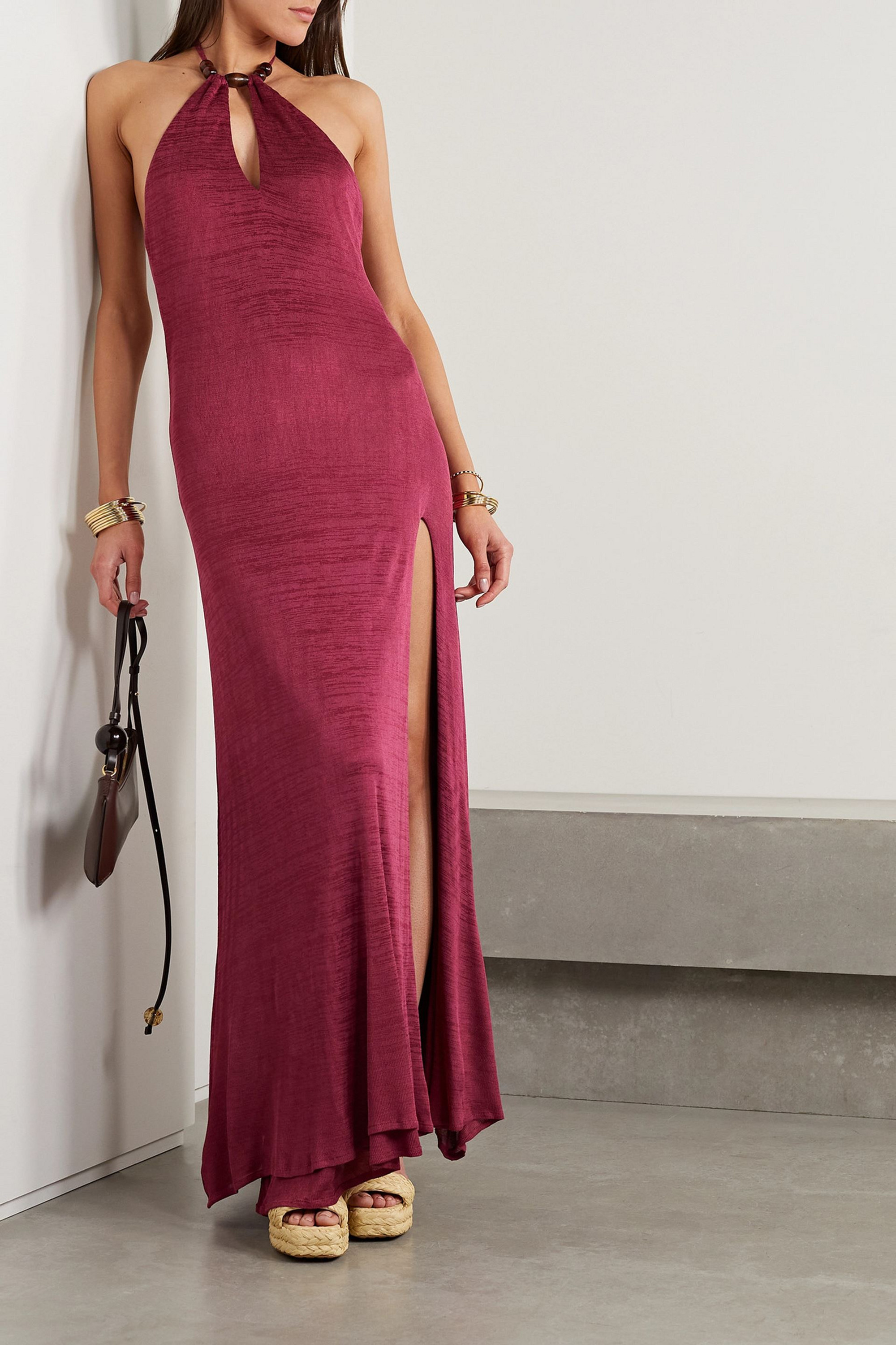 Savannah Morrow Oia bead-embellished ribbed jersey halterneck maxi dress