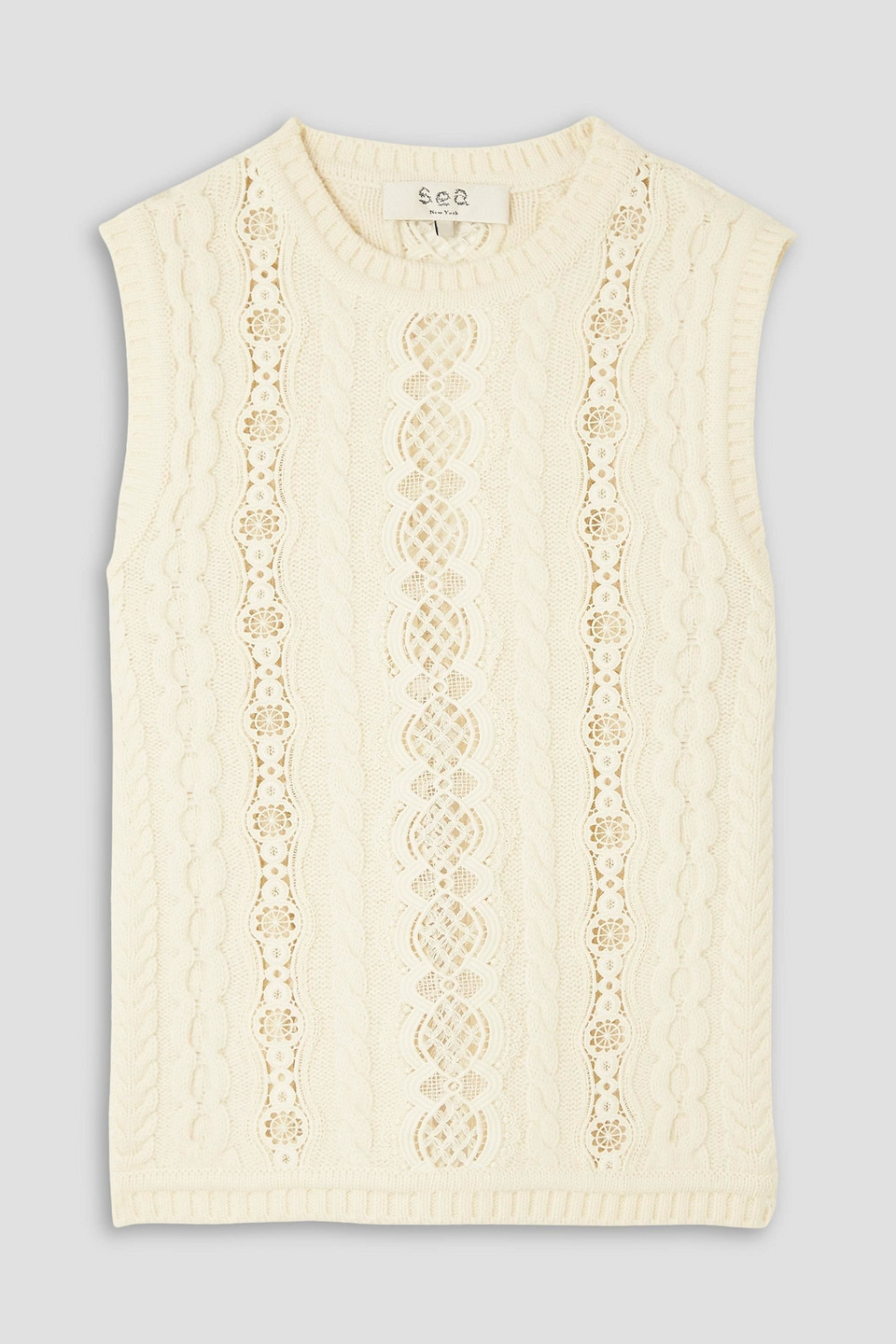Sea Dentelle Lace-paneled Cable-knit Merino Wool Tank In Neutral