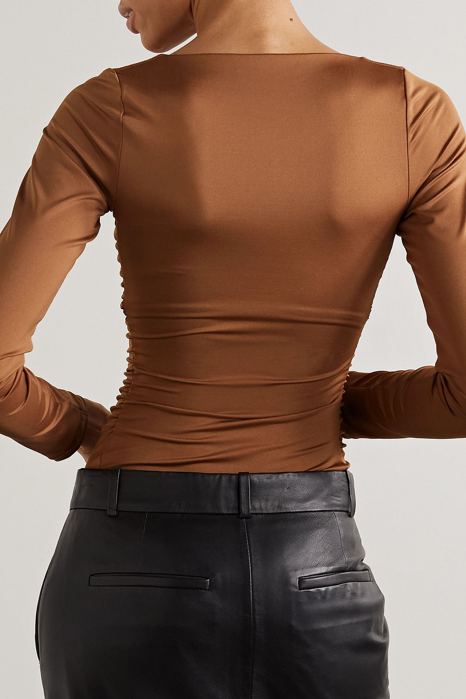 TIBI RUCHED STRETCH-SATIN JERSEY BODYSUIT
