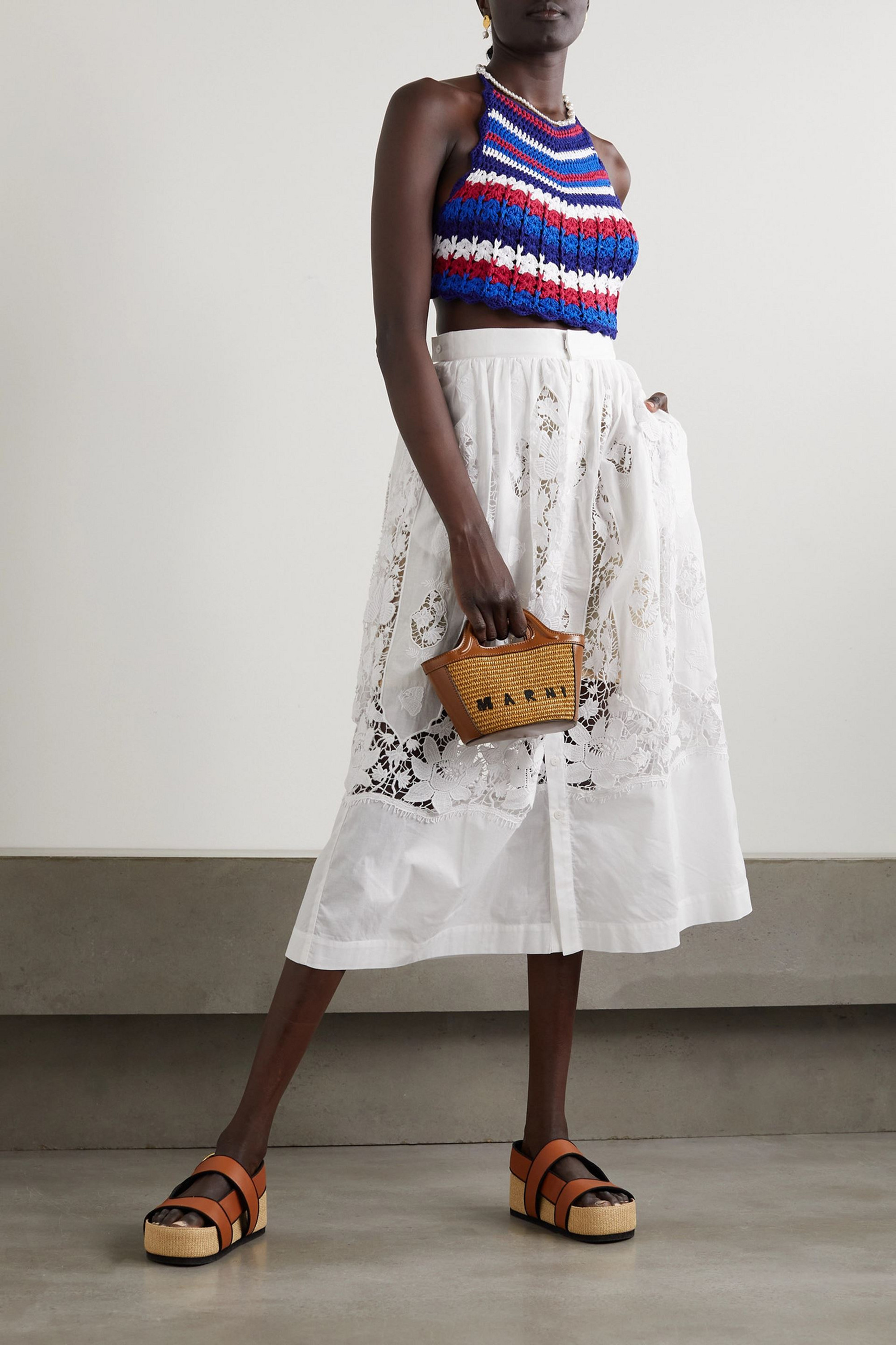 Miguelina Malen scalloped cropped striped Pima cotton halterneck top