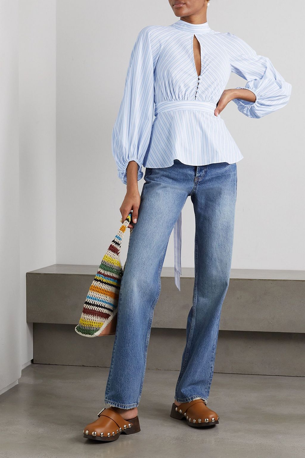 STAUD Danica belted cutout open-back striped cotton-poplin blouse