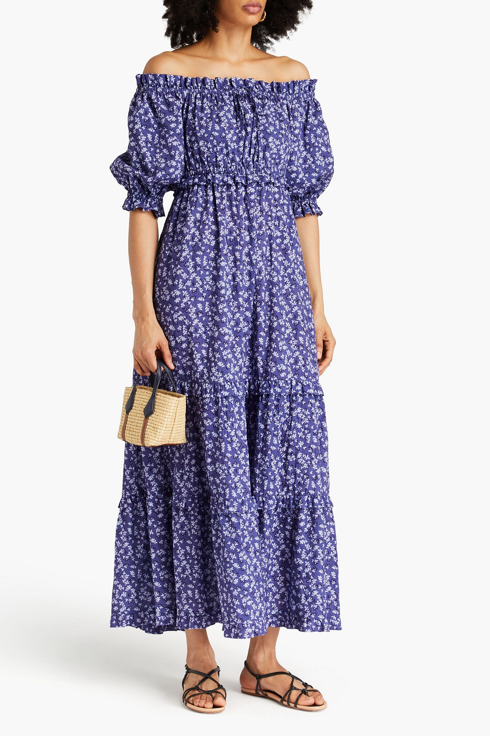 Peony Swimwear Off-the-shoulder Cotton And Ecovero-blend Maxi Dress In Indigo