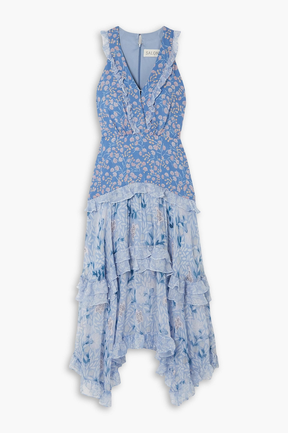 Saloni Jolie Tiered Floral-print Silk-chiffon And Crepon Maxi Dress In Light Blue