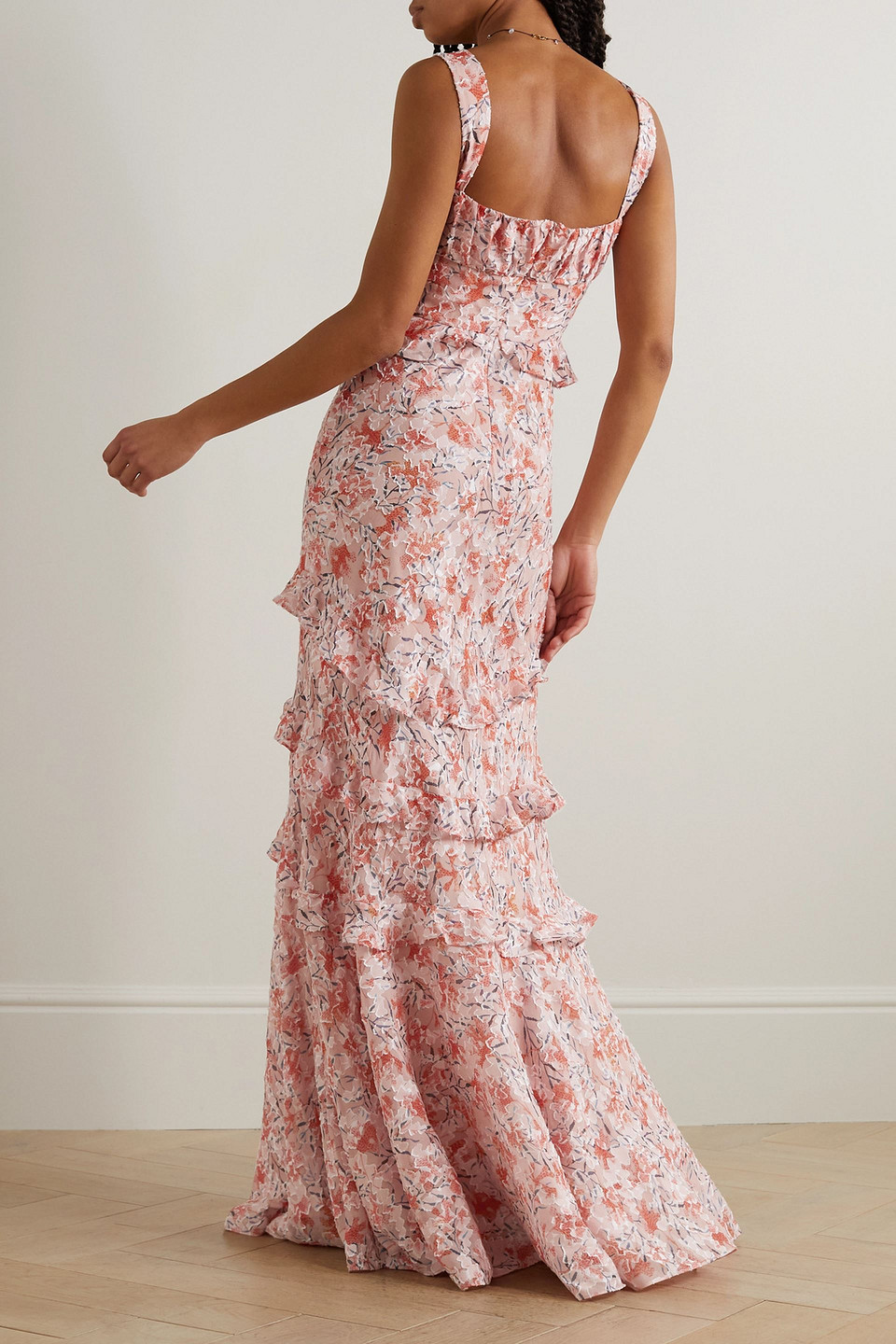 Saloni Chandra Ruffled Floral-print Fil Coupé Silk-blend Georgette Maxi Dress In Baby Pink
