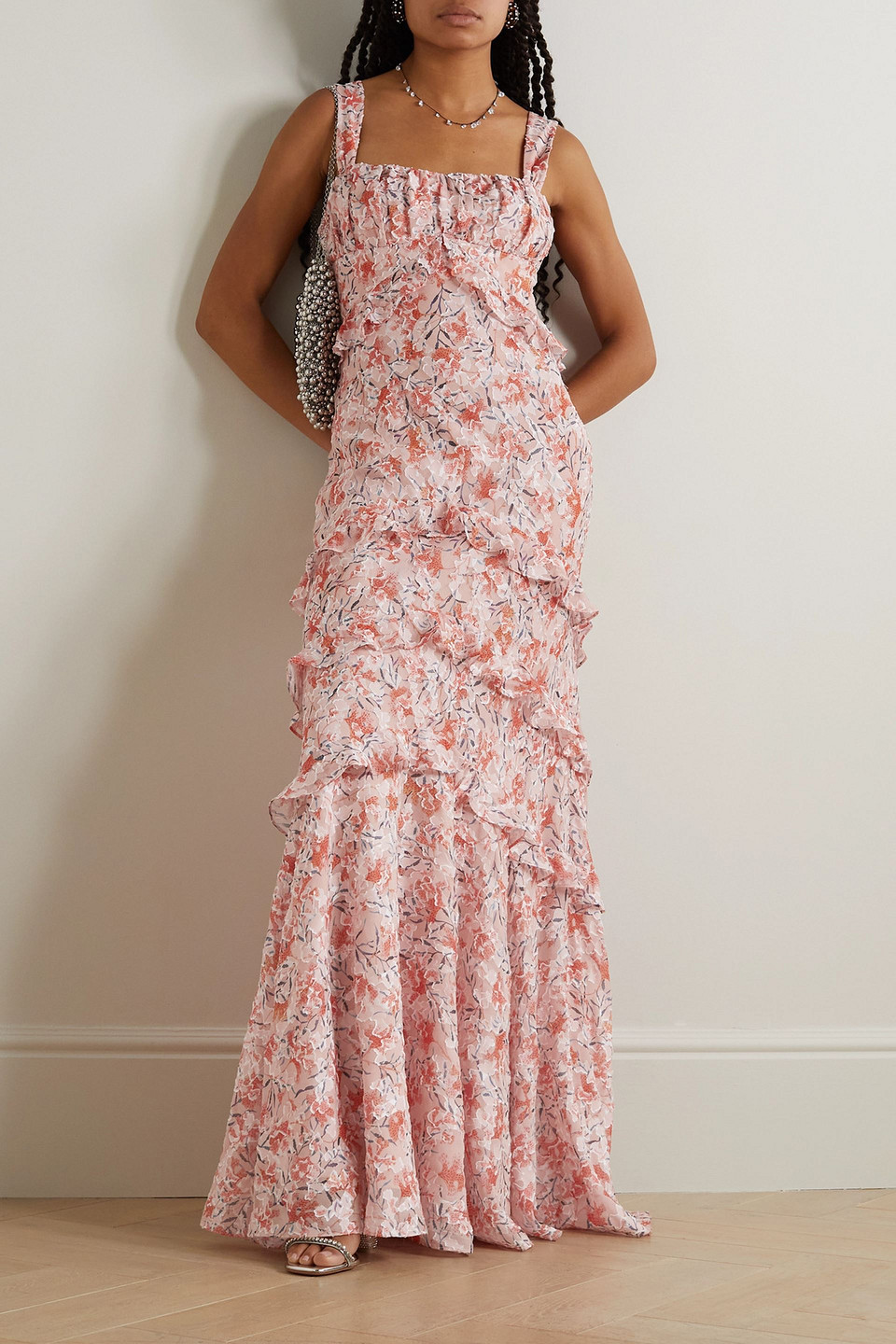 Saloni Chandra Ruffled Floral-print Fil Coupé Silk-blend Georgette Maxi Dress In Baby Pink