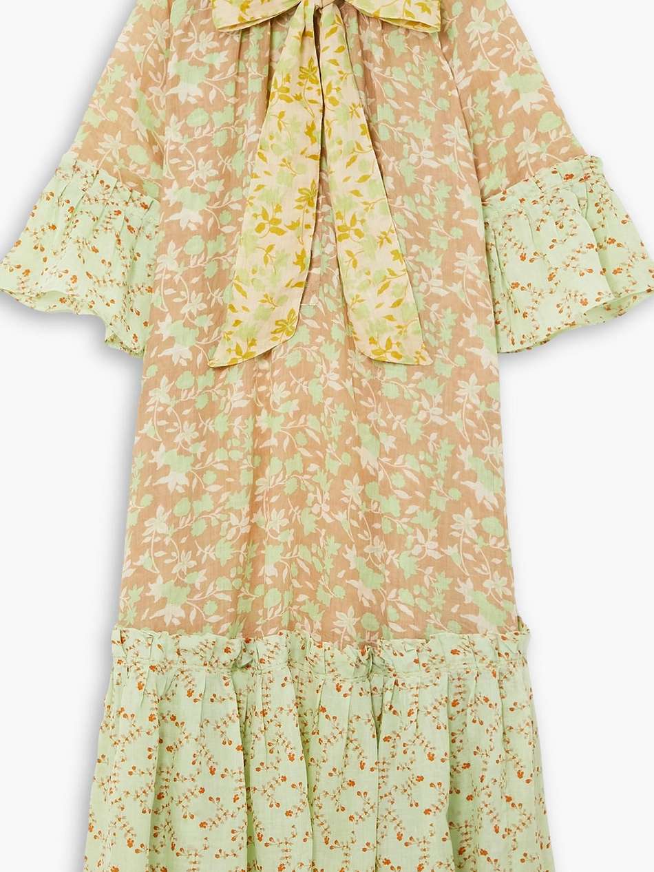 angelica pussy-bow tiered printed linen maxi dress