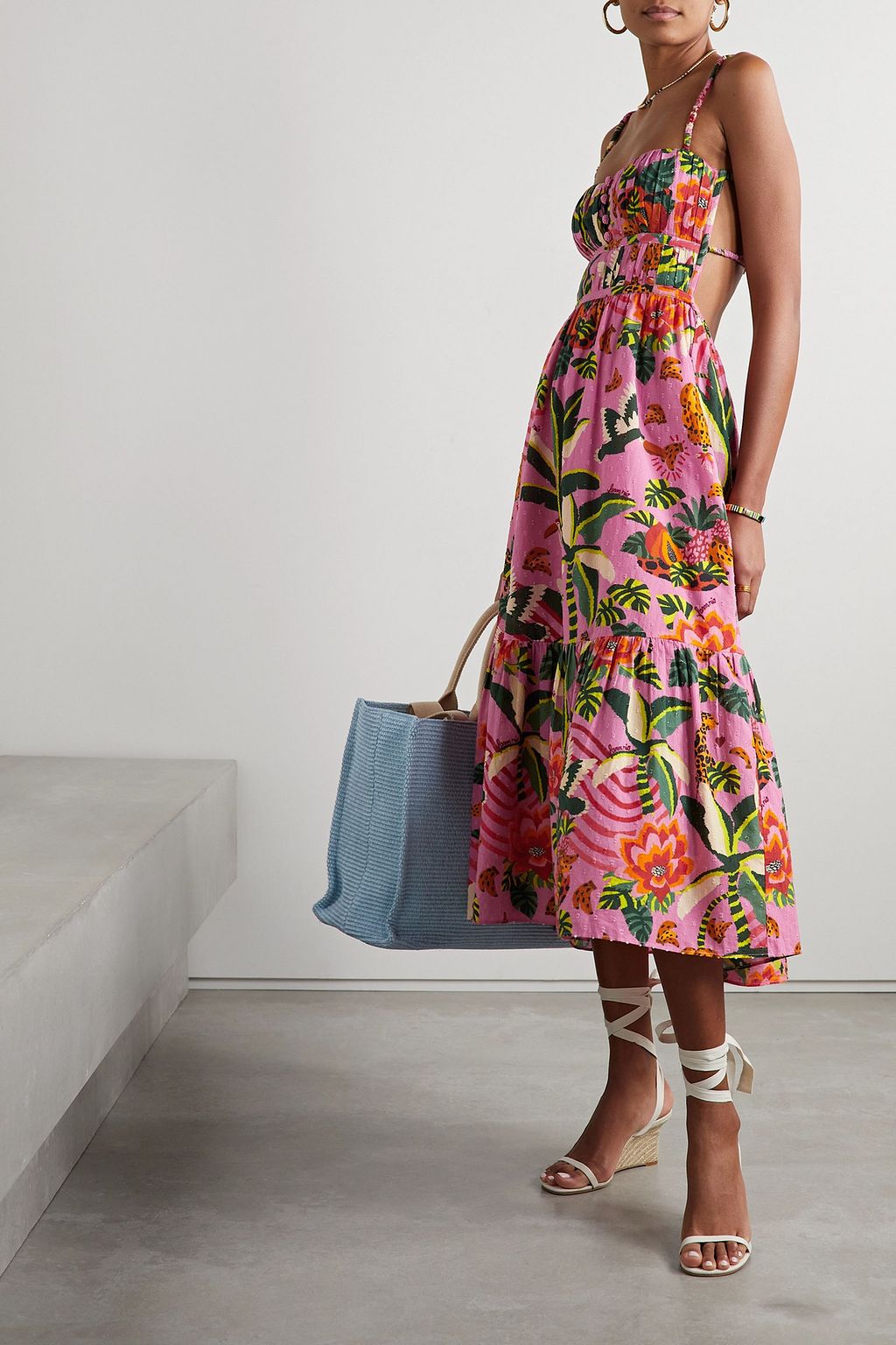 FARM RIO Pleated printed fil coupé cotton maxi dress