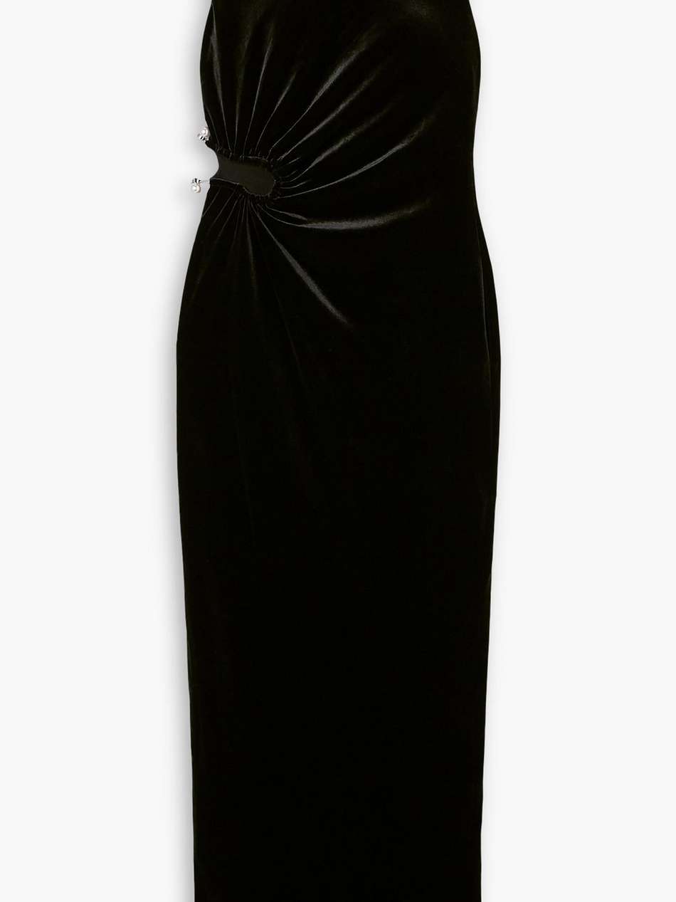 cutout gathered faux pearl-embellished velvet gown