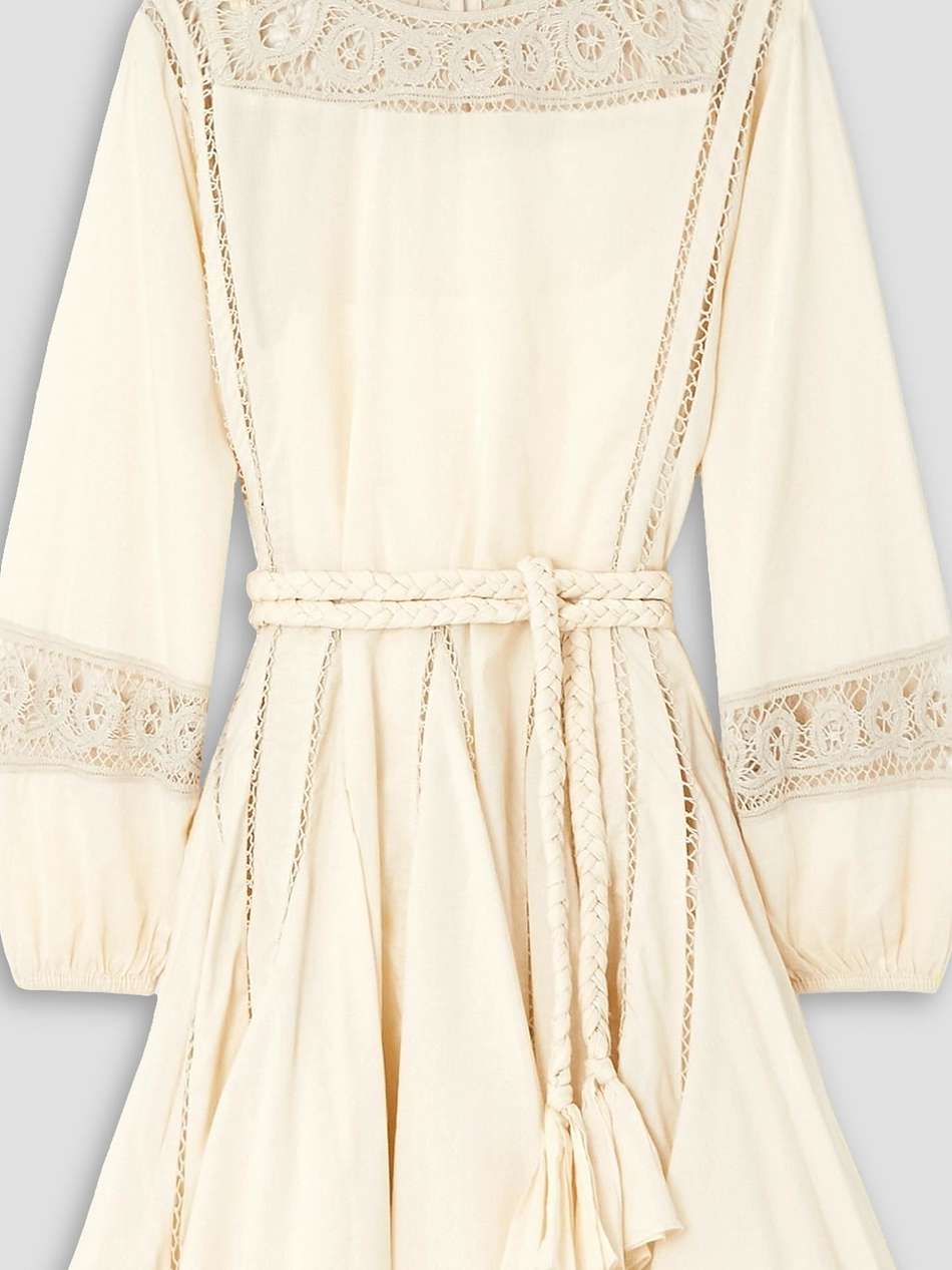 ella belted crochet-trimmed cotton mini dress