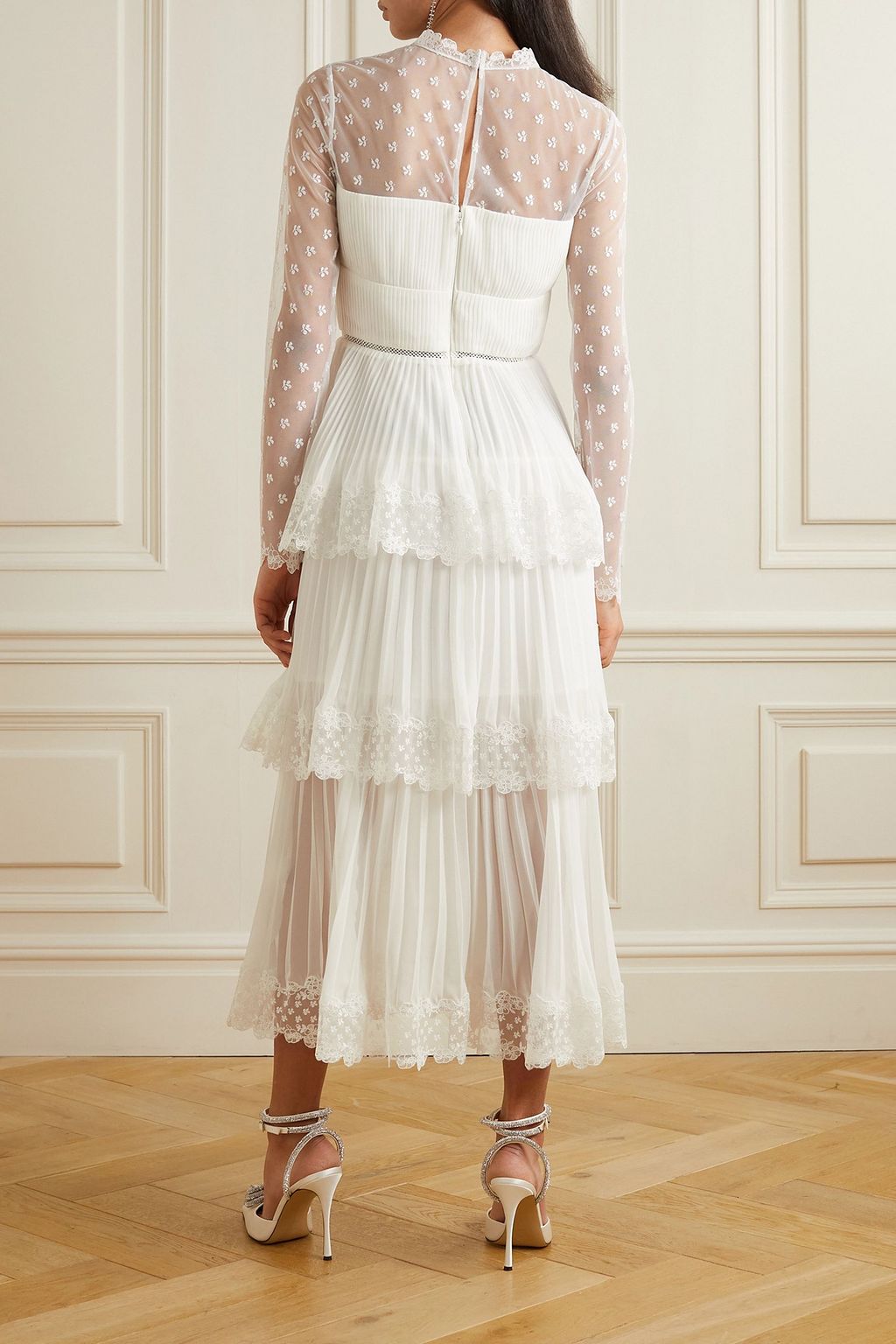 SELF-PORTRAIT Tiered lace-trimmed embroidered tulle and pleated chiffon midi dress