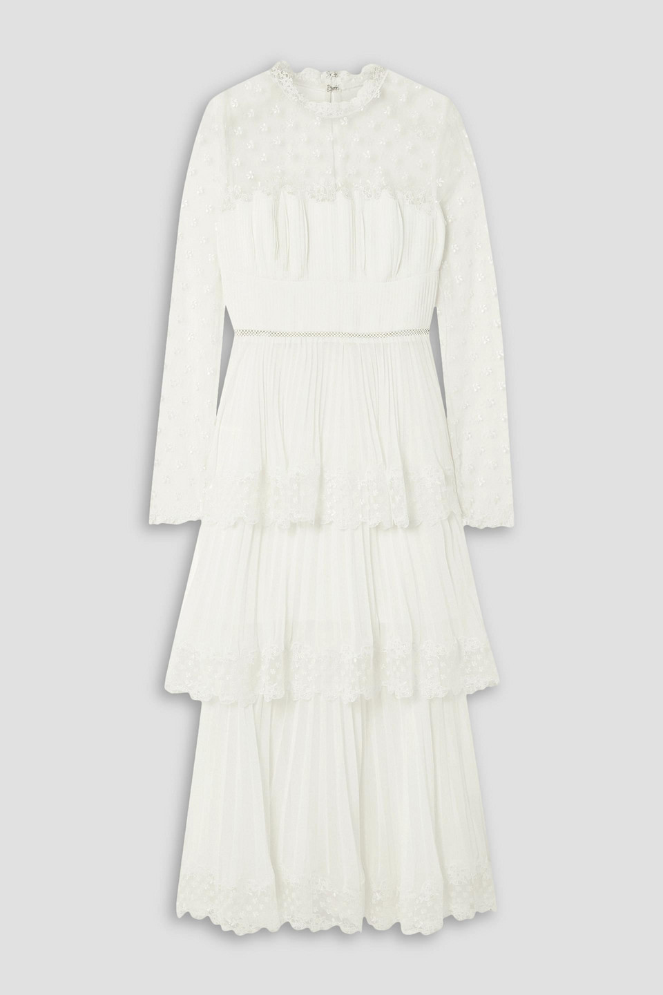 Self-portrait Tiered Lace-trimmed Embroidered Tulle And Pleated Chiffon Midi Dress In White