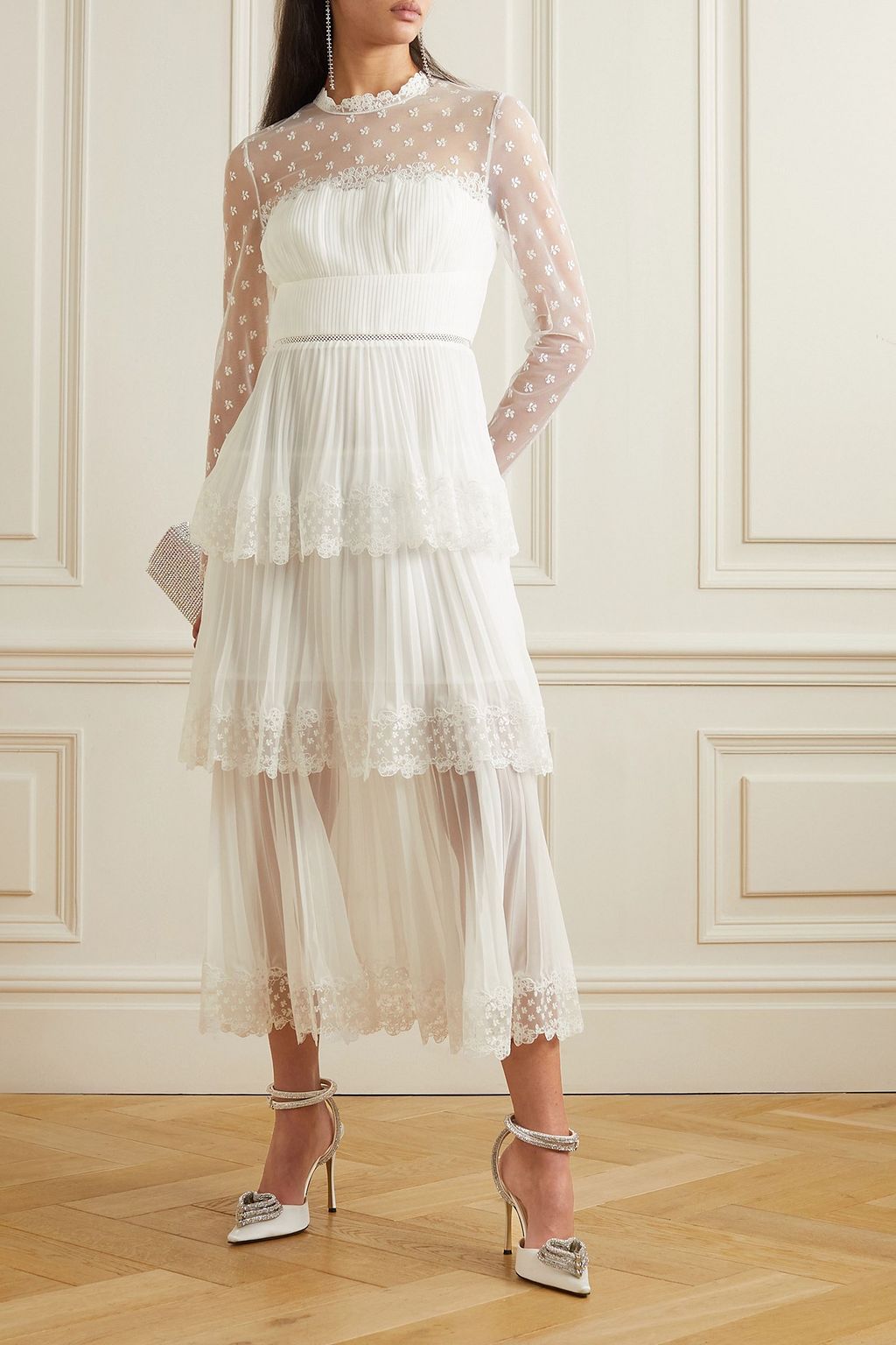 SELF-PORTRAIT Tiered lace-trimmed embroidered tulle and pleated chiffon midi dress