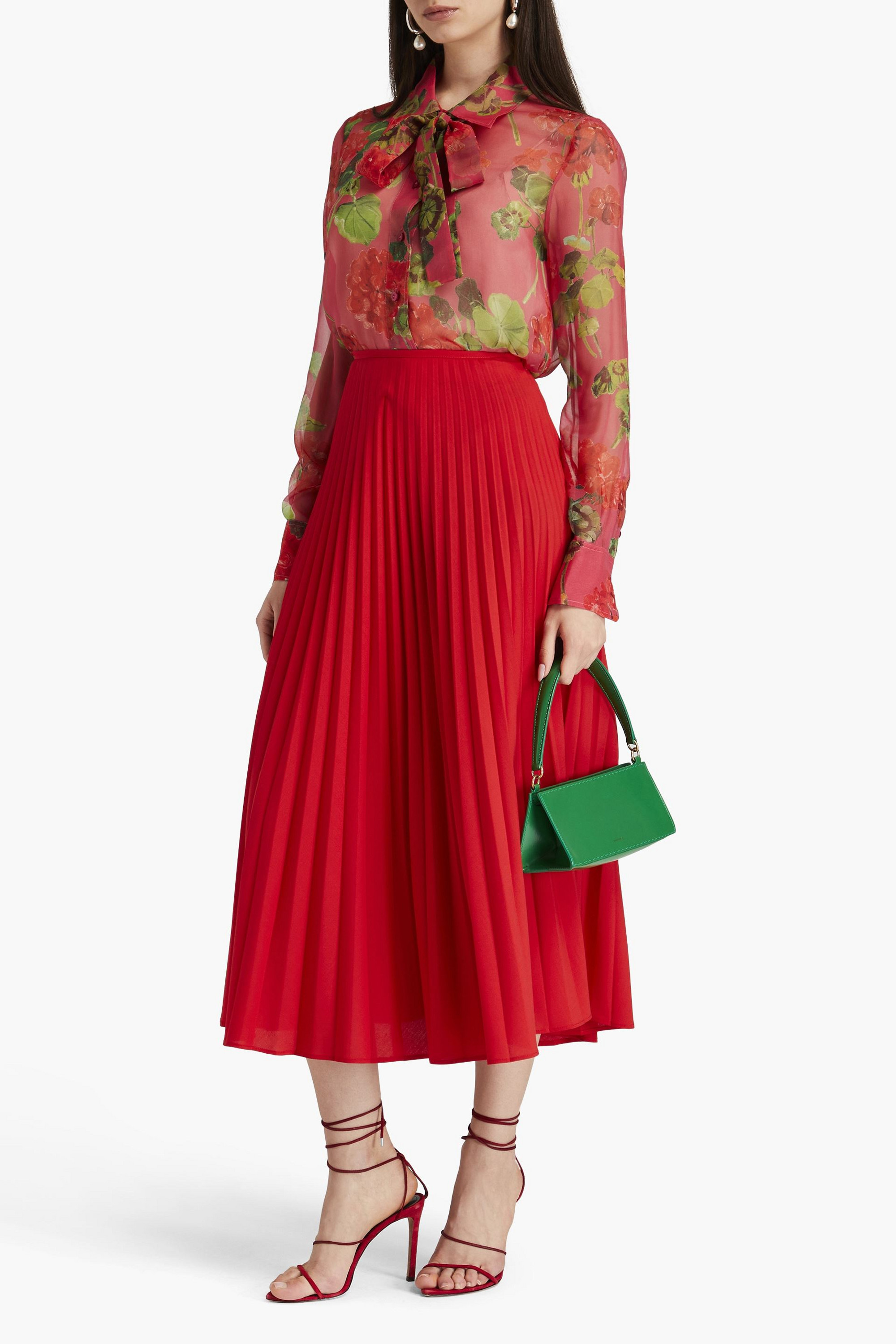 Oscar de la Renta Pussy-bow floral-print silk-chiffon shirt