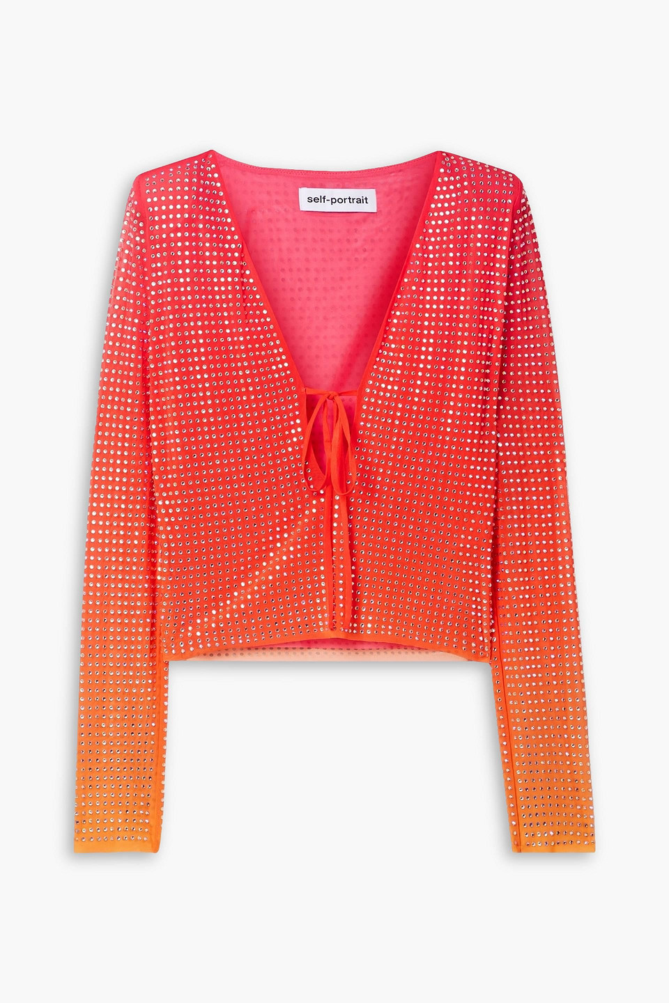 Self-portrait Cropped Crystal-embellished Dégradé Stretch-mesh Top In Papaya