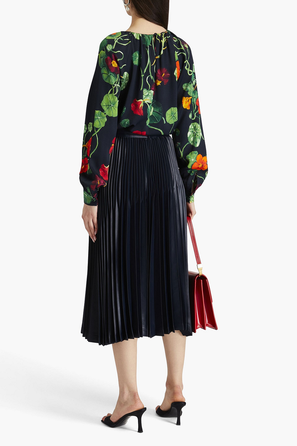 Oscar De La Renta Floral-print Satin Top In Midnight Blue