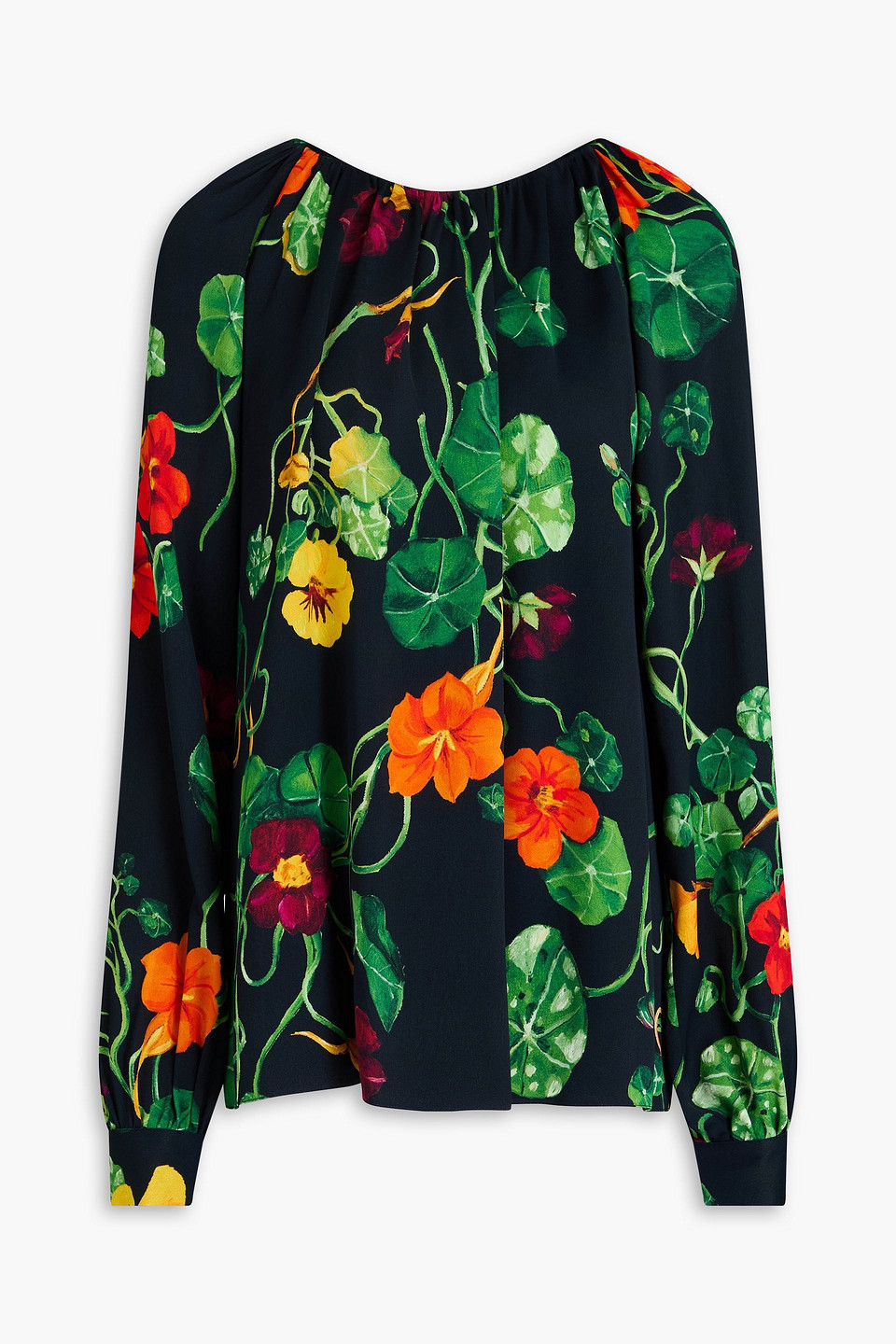 Oscar De La Renta Floral-print Satin Top In Midnight Blue