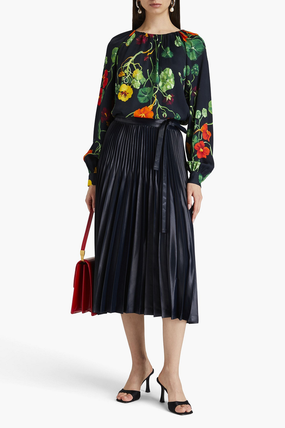 Oscar De La Renta Floral-print Satin Top In Midnight Blue