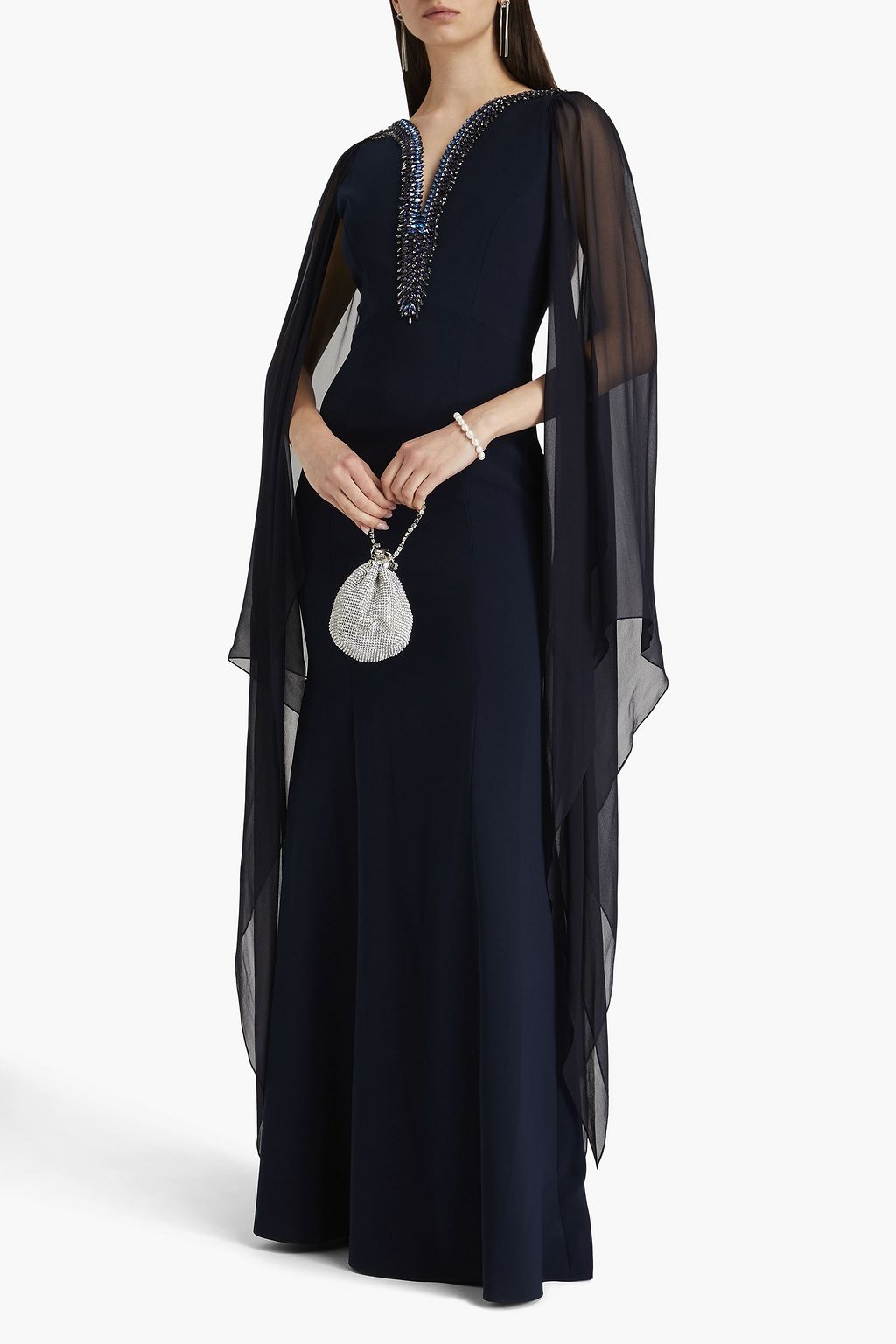 JENNY PACKHAM فستان سهرة مزركش بأسلوب الكاب ومصنوع من الكريب