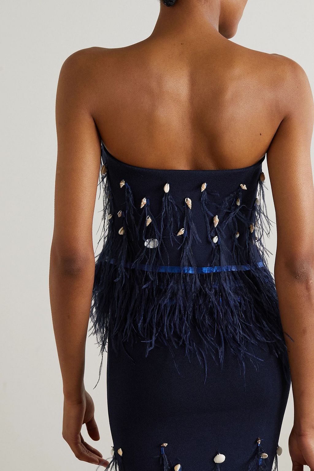 STAUD Kristen embellished feather-trimmed ribbed-knit bandeau top