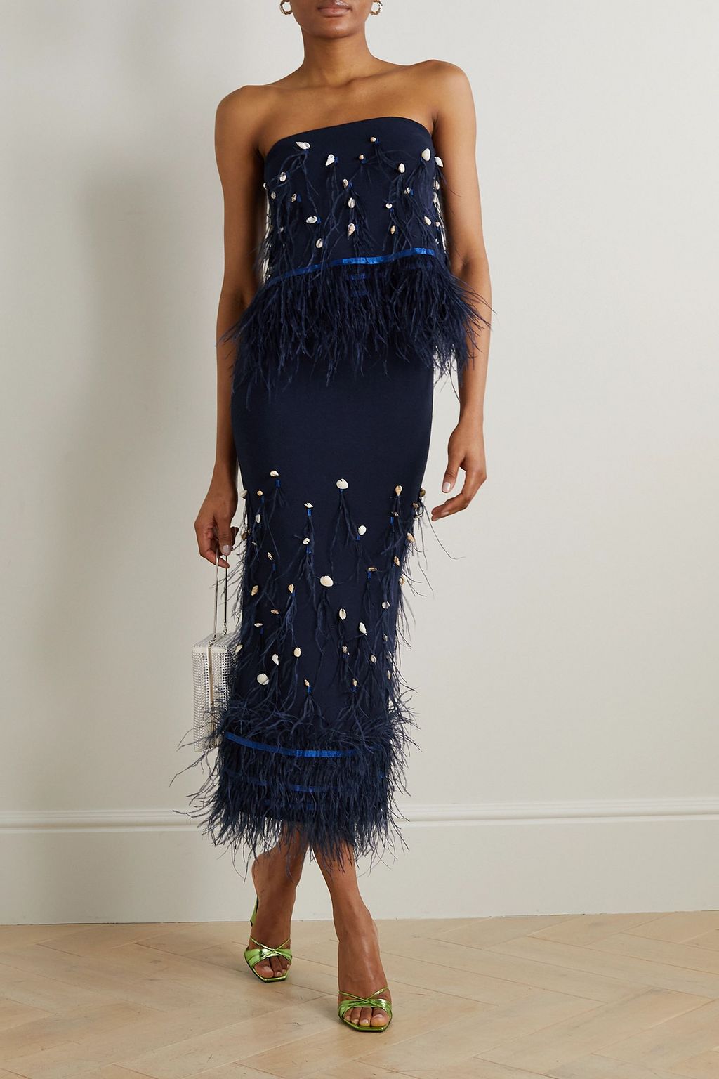 STAUD Kristen embellished feather-trimmed ribbed-knit bandeau top
