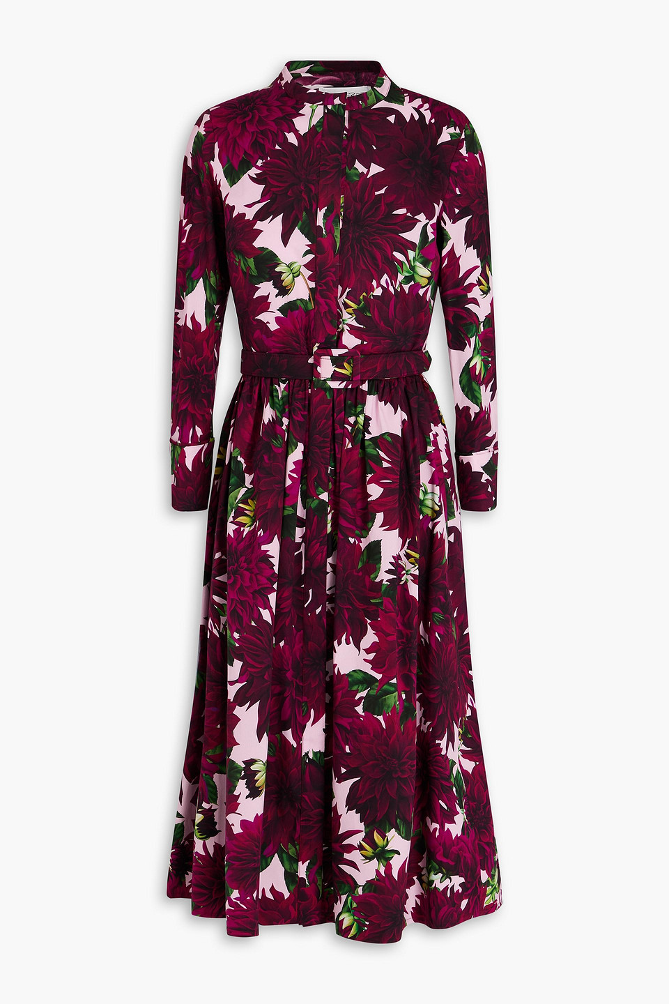 Oscar De La Renta Belted Floral-print Stretch-cotton Poplin Midi Dress In Plum
