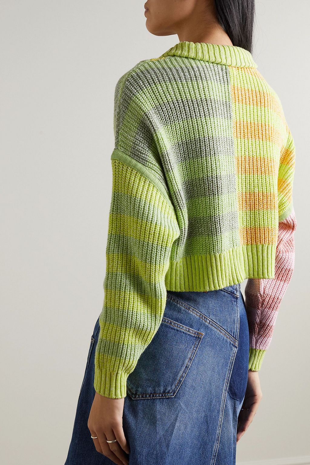 STAUD Hampton cropped striped ribbed cotton-blend sweater