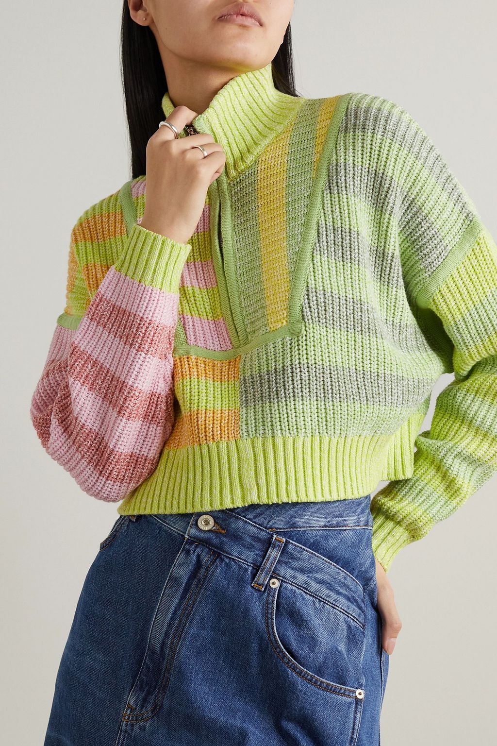 STAUD Hampton cropped striped ribbed cotton-blend sweater