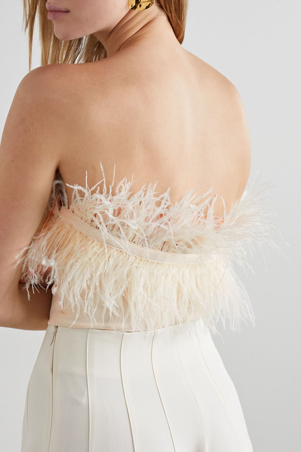 STAUD Nellie strapless cropped feather-trimmed knitted top