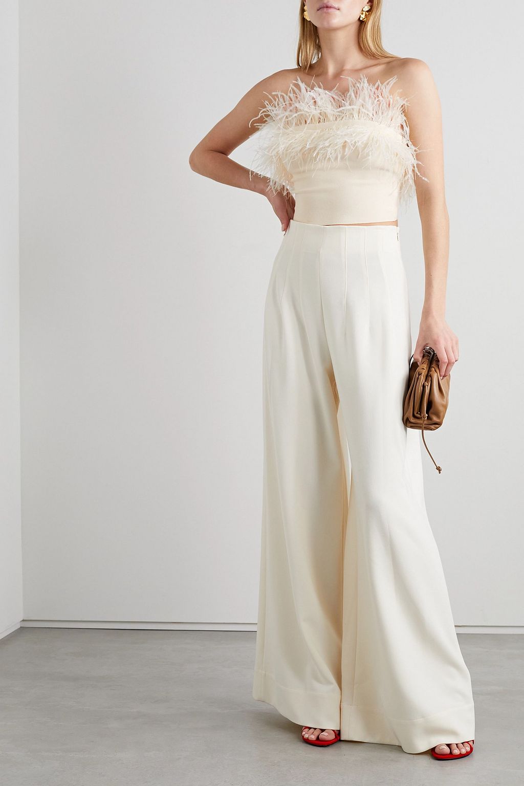 STAUD Nellie strapless cropped feather-trimmed knitted top
