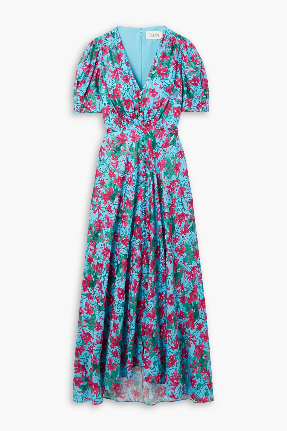 Saloni Lea Floral-print Silk Maxi Dress In Turquoise