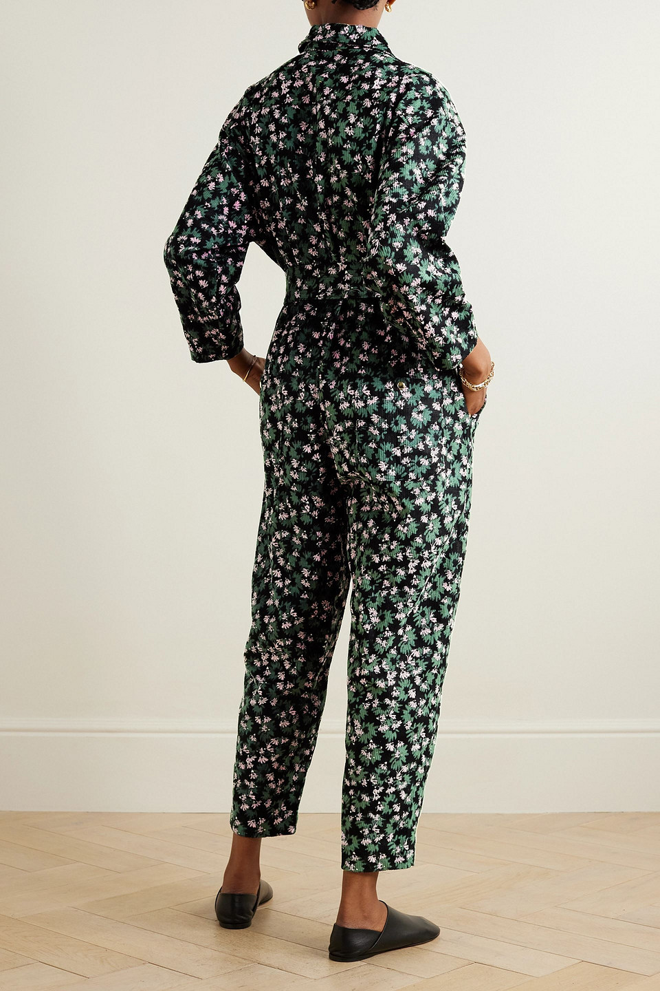 Yvonne S Belted Floral-print Cotton-corduroy Jumpsuit In Schwarz
