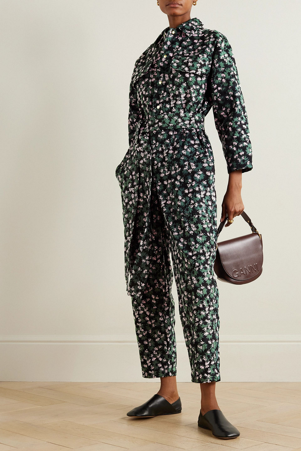 Yvonne S Belted Floral-print Cotton-corduroy Jumpsuit In Schwarz