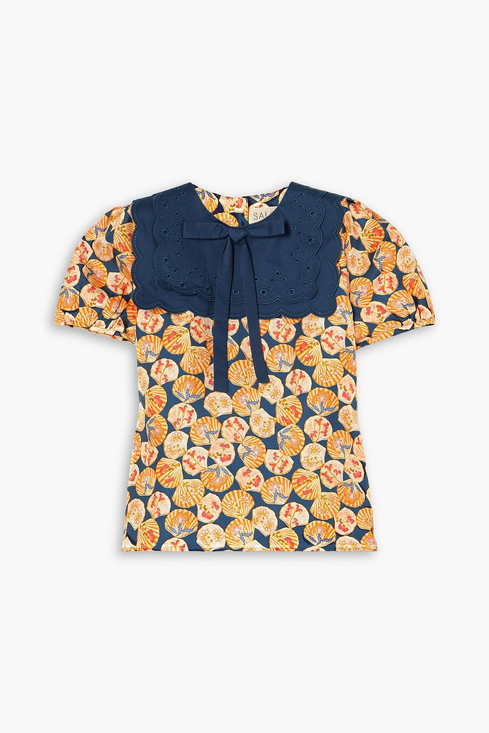 Saloni Marlowe Bow-detailed Printed Silk-twill And Cotton Broderie Anglaise Top In Navy