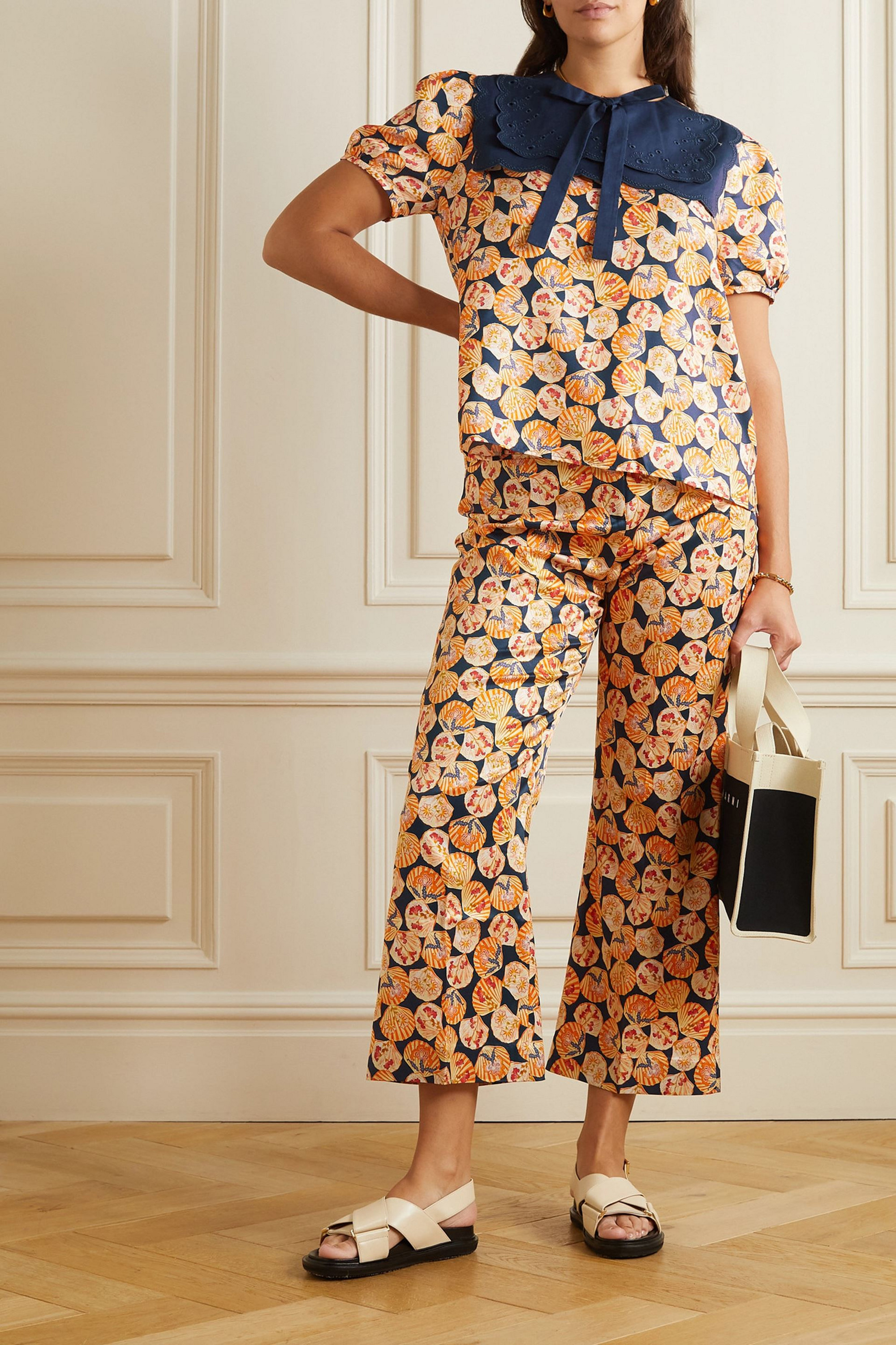 Saloni Marlowe bow-detailed printed silk-twill and cotton broderie anglaise top