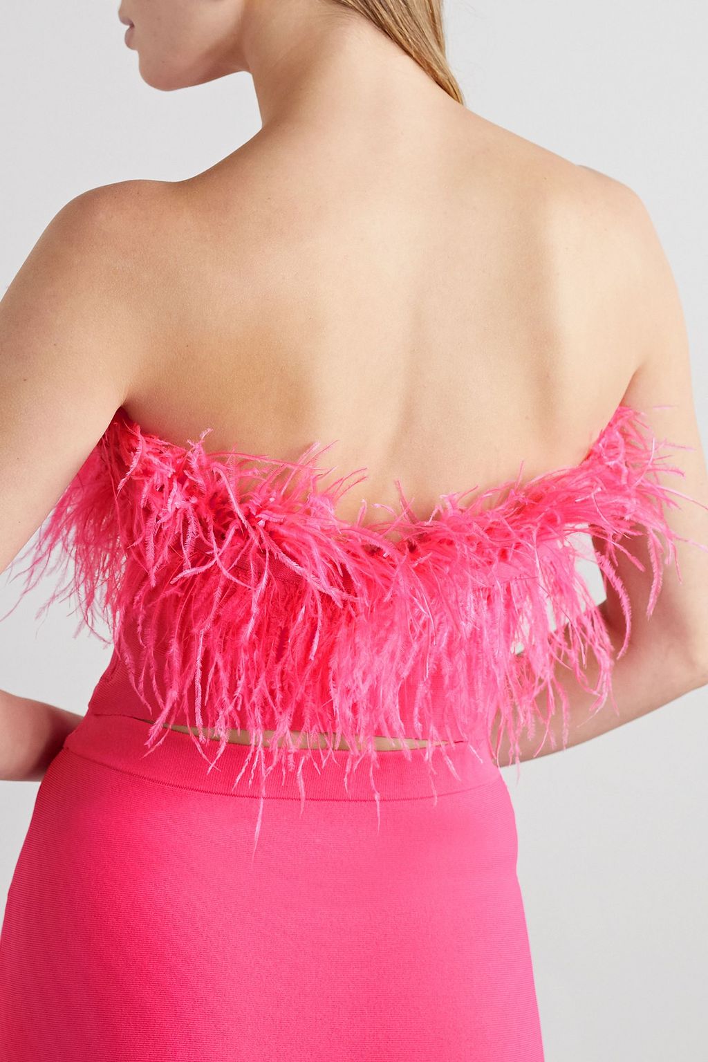 STAUD Nellie strapless cropped feather-trimmed knitted top