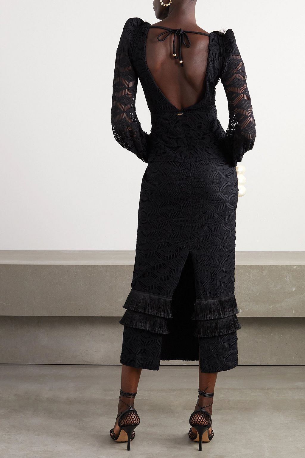 PATBO Open-back fringed crochet-knit maxi dress