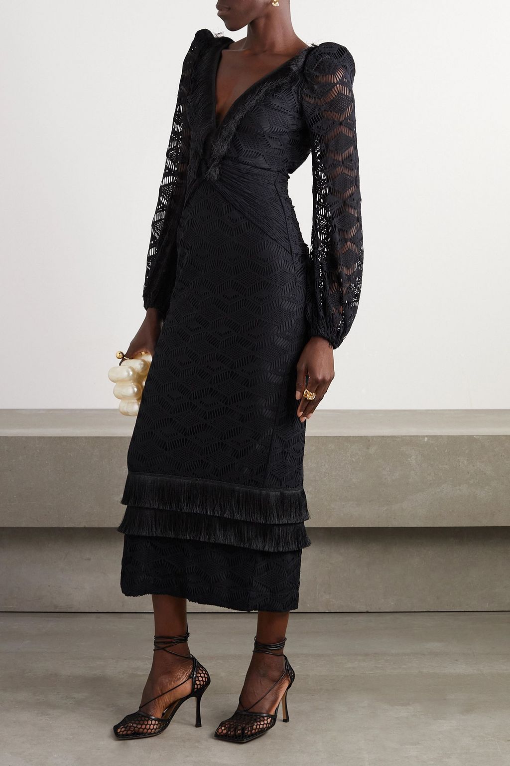 PATBO Open-back fringed crochet-knit maxi dress