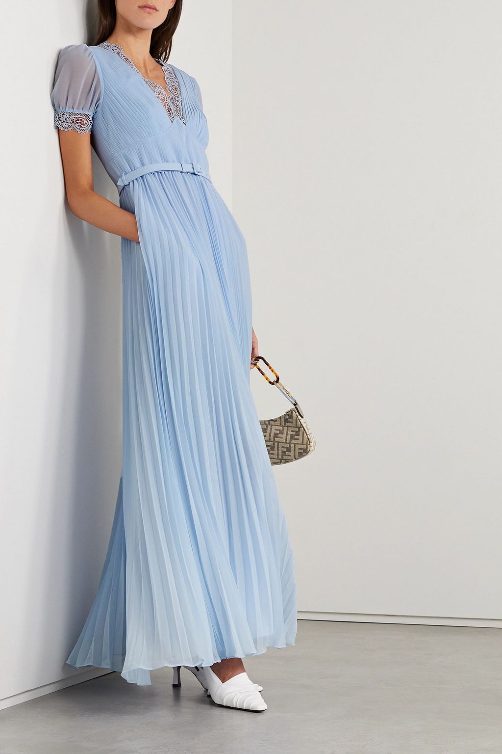 SELF PORTRAIT Belted pleated guipure lace trimmed chiffon maxi dress THE OUTNET