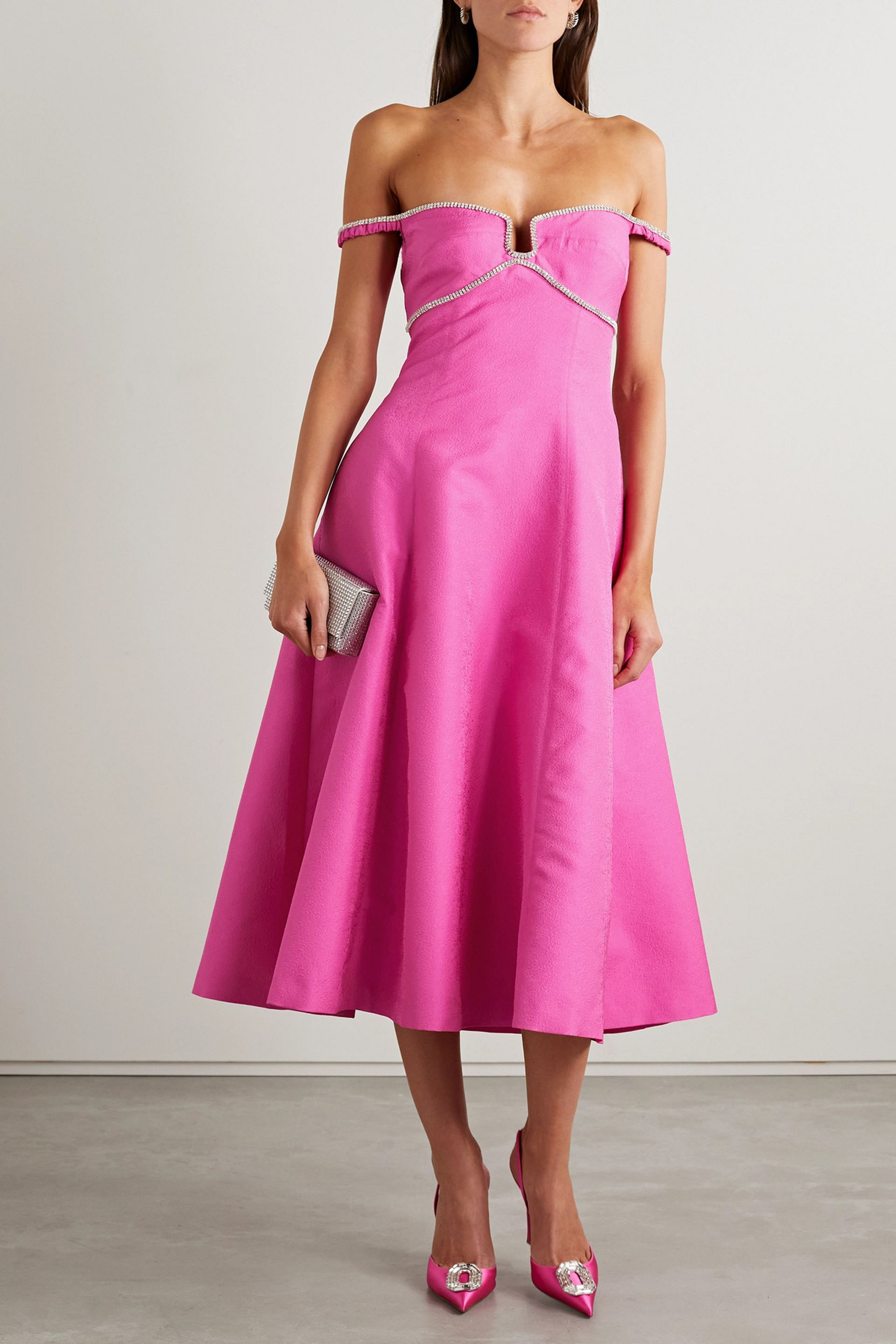 self-portrait Off-the-shoulder crystal-embellished brocade midi dress