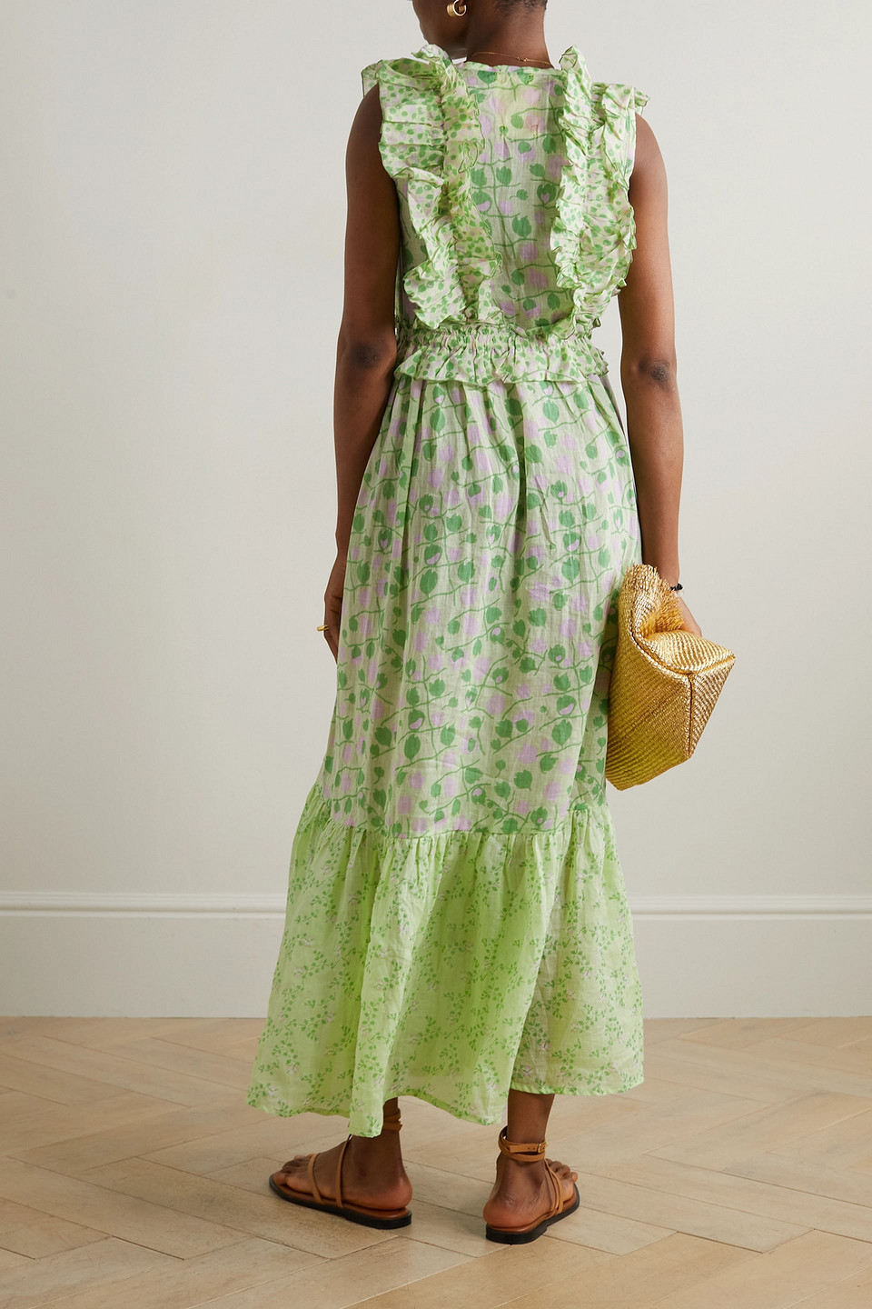 Yvonne S Marie Antoinette Ruffled Tiered Floral-print Linen Maxi Dress In Green