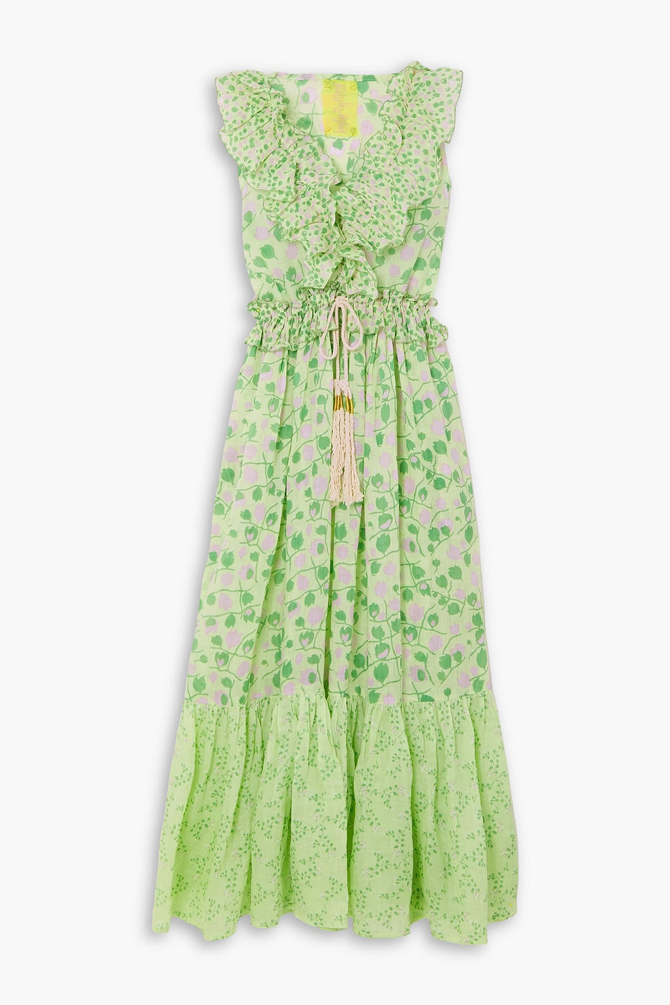 Yvonne S Marie Antoinette Ruffled Tiered Floral-print Linen Maxi Dress In Green
