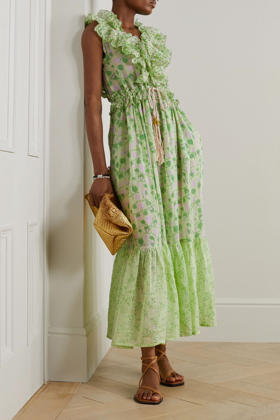 Yvonne S Marie Antoinette Ruffled Tiered Floral-print Linen Maxi Dress In Green